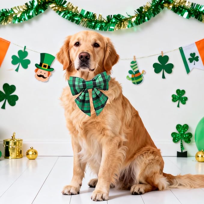 DOGWONG St. Patrick's Day Dog Collar with Sailor Bowtie, Green Plaid Bowtie Dog Collar for Small Medium Large Dogs,S