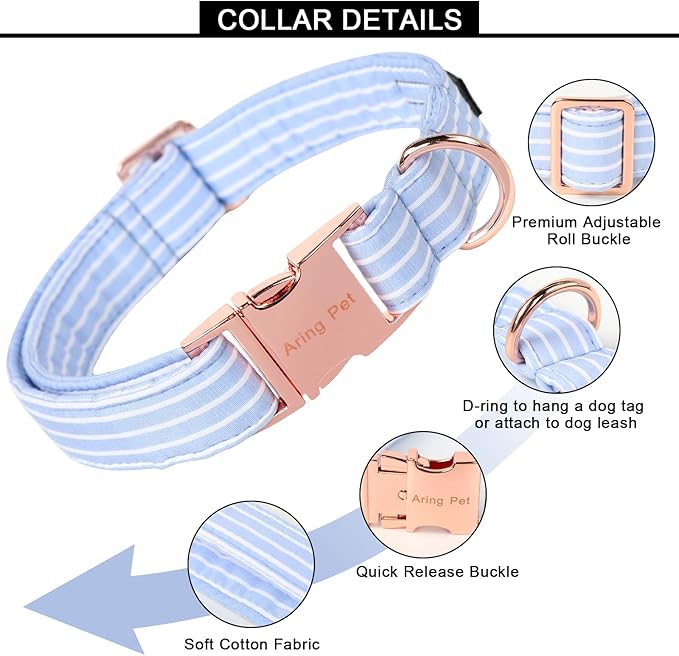 ARING PET Dog Collars with Bow, Blue Stripe Adjustable Bowtie Pet Collar with Metal Buckle for Small Medium Large Boy Girl Dogs-XL