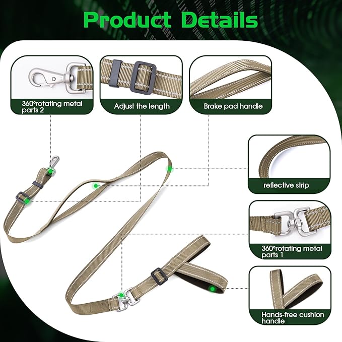 Hands-Free Dog Leash, Heavy Duty No-Pull Training Lead w/Anti-Tangle, Double Padded Traffic Handles Adjustable 5-5.6FT & Reflective Thread for Medium Large Dogs for Running/Walking Khaki