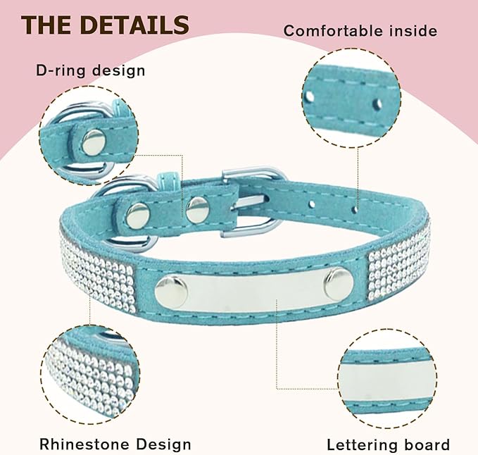 Personalized Dog Collar with Rhinestone Name Tag - Glitter Polyester Collar Adjustable [Sky Blue,XS]