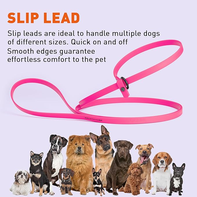 Dogline Biothane Slip Dog Leash - for Small, Medium and Large Dogs - Odor Free Slip Lead, Heavy Duty and Durable Material Kennel Lead - Passionfruit Pink - 7ft L x 1/2in W