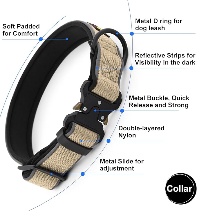 Plutus Pet Tactical Dog Collar, Reflective, Adjustable Heavy Duty Dog Collar, Soft Padded and Comfortable, for Small Medium and Large Dogs (Beige, M)