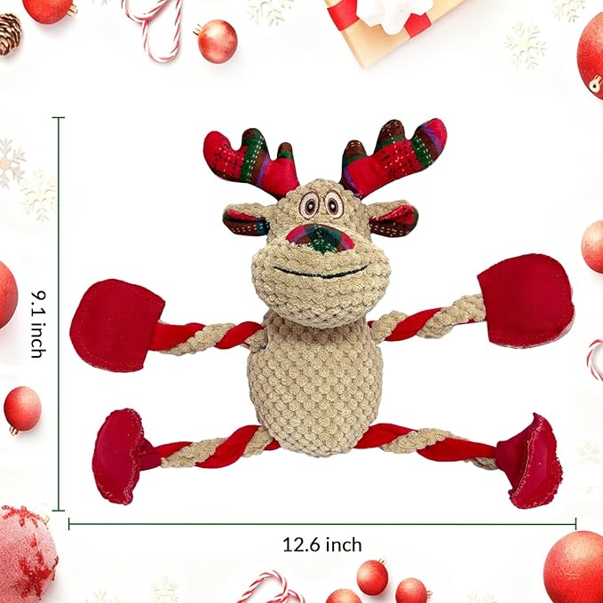 Squeaky Christmas Dog Toys Plush Dog Toy Tug of War Interactive Dog Toys for Aggressive Chewers Cute Stuffed Animal dog toy for Puppies Small Medium and Large Dogs