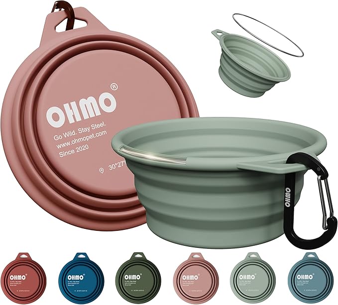 OHMO Collapsible Dog Water Bowls w/Built-in Stainless Steel Ring – 2pcs Small 12oz/400ml Portable Silicone Pet Feeding Bowl for Hiking, Camping, Travel