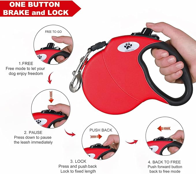 16ft Retractable Dog Leash for Medium Breed Dogs up to 44 lbs with a Detachable Chew Proof Extender Wire Ropes (RED M)