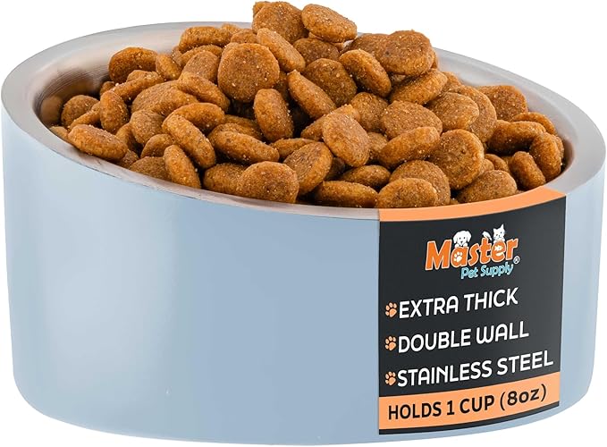 Master Pet Supply Stainless Steel Slanted Dog Cat Food Bowl - 8 oz Heavy Duty - Glacier Blue, Double Wall Insulated, Non-Slip Elevated Bowl for French Bulldogs Pugs Cats, Anti Rust Dishwasher Safe