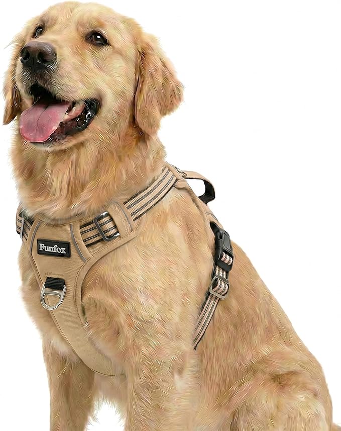 Funfox Dog Harness No Pull, Adjustable Pet Vest Harness, Super Soft Material with Vertical Handle Easy Control, Reflective Night Walking, 2 Leash Clips for XLarge Dogs, Brown, XL