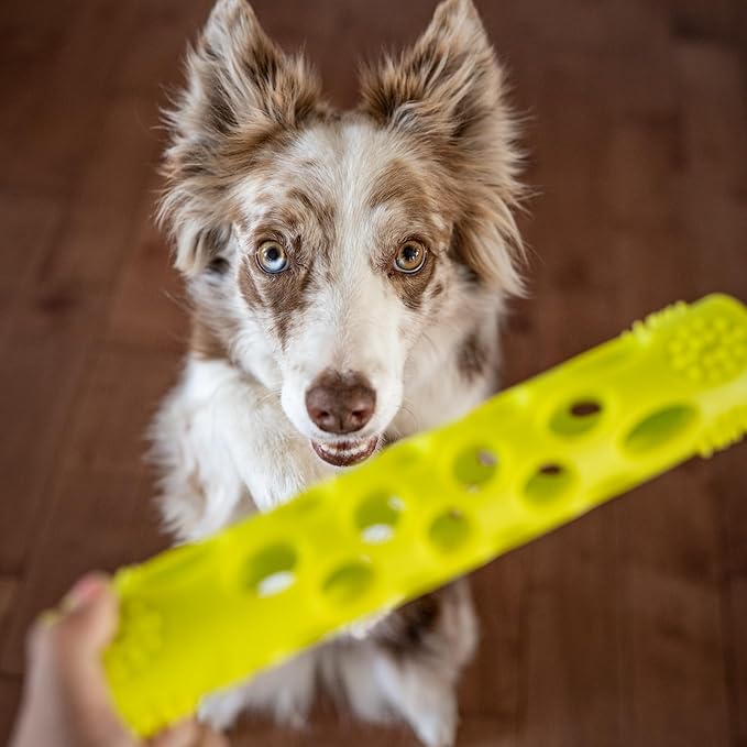 Messy Mutts Totally Pooched Huff'n Puff Stick | 10” x 2” TPR Puzzle Stick for Dogs | 2-in-1 Interactive Toy and Tooth Cleaner | Green