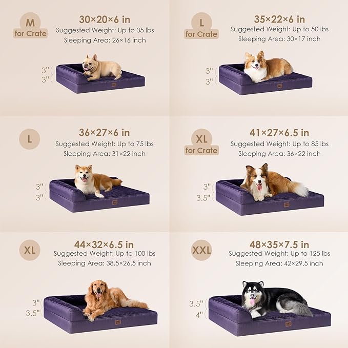 EHEYCIGA Large Dog Bed Memory Foam for Crate, Orthopedic Dog Bed Large Size Dogs with Washable Removable Cover, Waterproof Pet Sofa Couch with Nonskid Bottom, 35x22x6, Purple