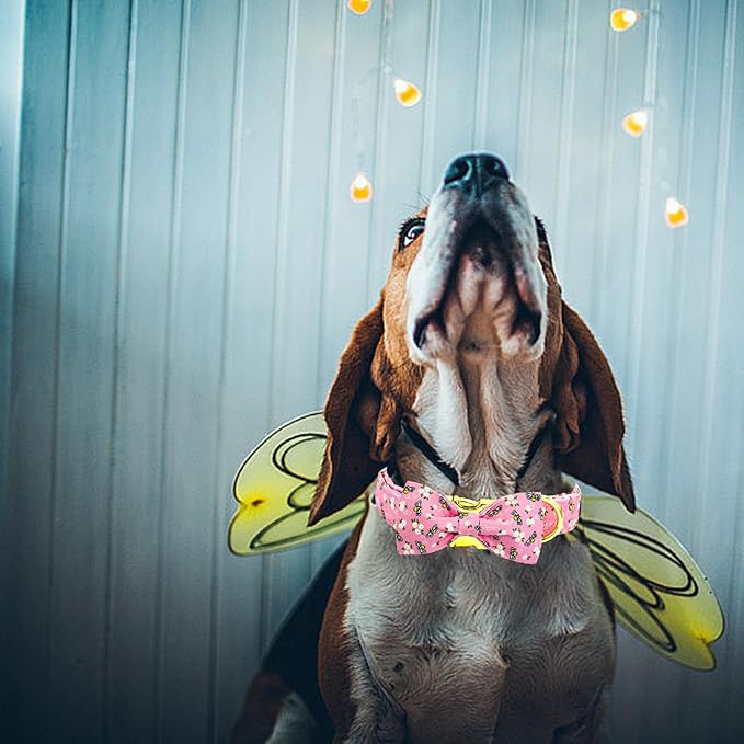 Elegant Little Tail XS Dog Collar, Spring Floral Bees Print Cotton Soft Adjustable Collar with Handmade Bowtie for X-Small Dogs