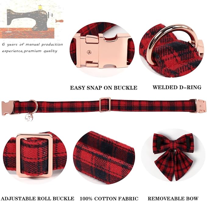 DOGWONG Christmas Dog Collar with Sailor Bow Tie, Red Plaid Dog Collar Durable Metal Buckle Adjustable Red Gingham Dogs Collars for Small Medium Large Dogs, M