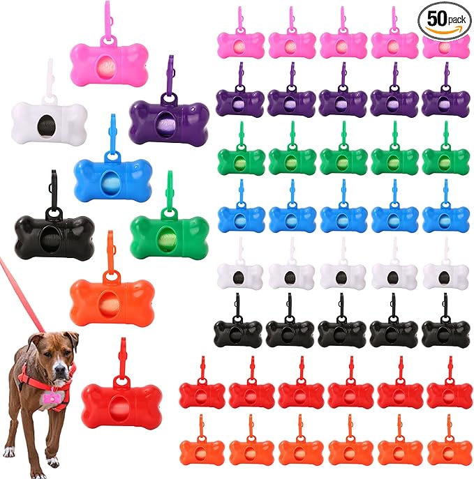 50 Pcs Dog Poop Trash Bag Holder Dispenser Plastic Dog Poop Waste Bag Holder for Leash with Hook and Leak Proof,with Leak Proof PET Waste Bags for Walking Hiking Camping (Bone Shape)