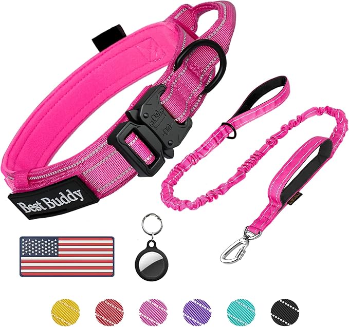 AUBELL Tactical Dog Collar and Leash Set, Reflective Adjustable Heavy Duty Military K9 Collars with Handle and Metal Buckle for Extra Large Dogs, with Airtag Case and 2 Patches(Pink,XL)