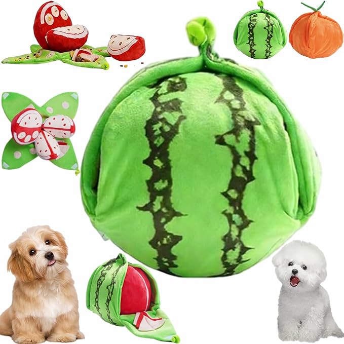 Orange Hide and Seek Plush Dog Toy, Interactive Squeaky Puzzle Toy with Hidden Pockets, Hide and Seek Dog with Crinkle Papers, Watermelon Dog Toy with Squeakers for All Dogs (Watermelon)