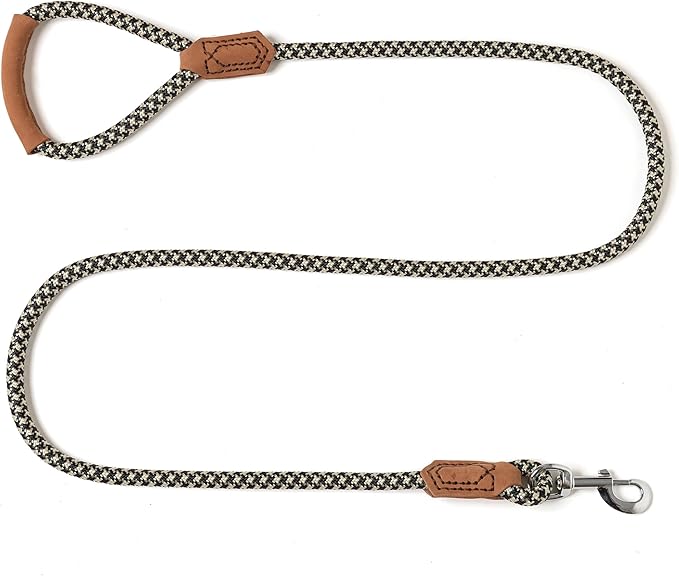 Mile High Life | Premium Leather Handle Dog Leash | Strong Rope Leash | Zinc Alloy Strong Clasp | Small Medium Large Dogs | 4/5/6 Feet(Black Khaki, 48 Inch (Pack of 1))
