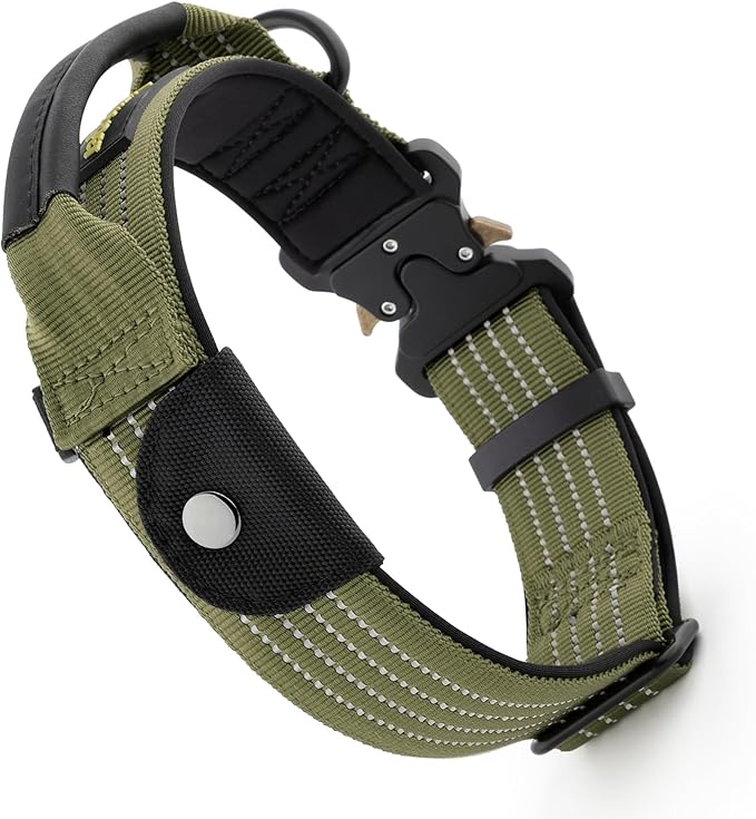 Plutus Pet Tactical Dog Collar with Tracker Pocket for AirTag, Adjustable Reflective Nylon Collar, Metal Buckle, Leather-Wrapped Handle, Soft Padded for Medium Large Dogs (Ranger Green, L)