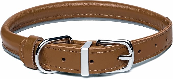 OOPSDOGGY Rolled Leather Dog Collar Reflective Roll Collars for Small Medium Large Dogs Puppy (Caramel, L, 14'' - 18'')