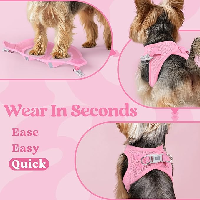 rabbitgoo Small Dog Harness, Step-in Soft Mesh Puppy Vest with Safety Buckle, Breathable Reflective Pet Harness for Small Medium Dogs, Light Pink L