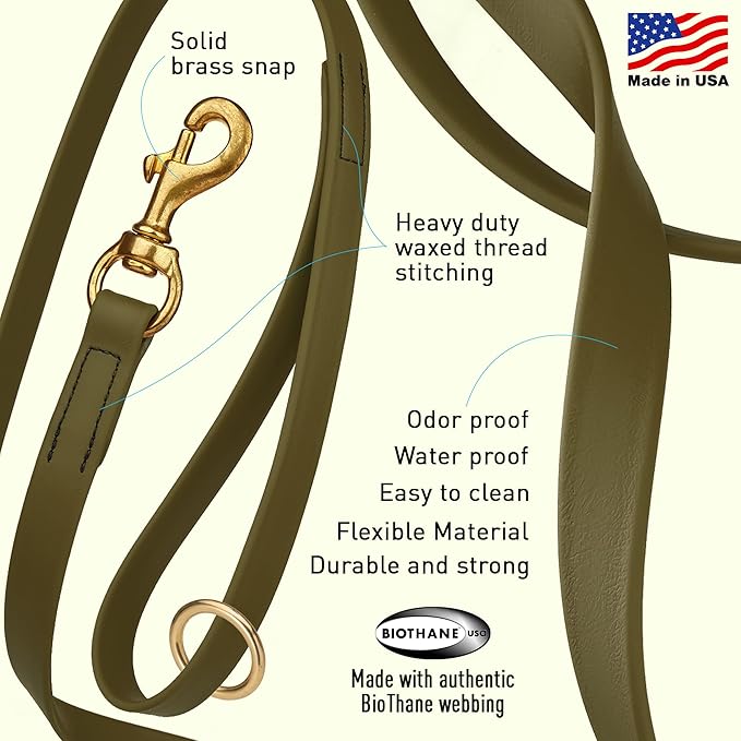 Viper Biothane K9 Working Dog Leash Waterproof Lead for Tracking Training Schutzhund Odor-Proof Long Line with Solid Brass Snap for Puppy Medium and Large Dogs 4ft, Olive Drab Green