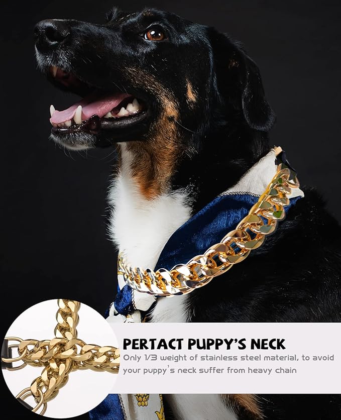 Gold Chain Dog Collar - 7/8 inch Wide Metal Cuban Link Dog Necklace with Leather Belt, Lightweight Protect Puppy's Neck, Cute Fashion Dog Jewelry Accessories 16 inches