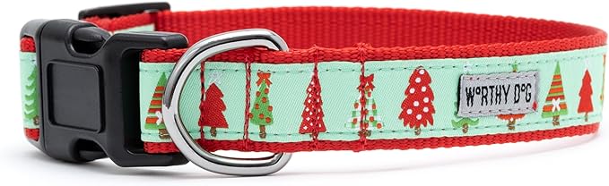 THE WORTHY DOG Adjustable Holiday Dog Collar for Large Dogs, Durable Nylon Webbing, Quick Release Buckle, Holiday Trees Christmas Pattern, Green, Large