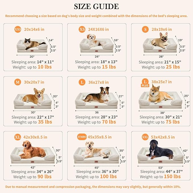 Comfort Expression Orthopedic Dog Bed for Large Dogs 36x27 Inch, Waterproof Supportive Egg Crate Foam Large Pet Bed with Removable Bolsters, Dog Couch with Washable Cover & Non-Slip Bottom, Beige