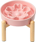 Ceramic Slow Feeder Dog Bowls, Raised, 3 Cups Elevated Slow Feeder with Wooden Stand for Medium Large Breed, Puzzle Dog Food Bowl, Flower (Pink)