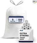 Plasticplace 5 Gallon Trash Bags - White Drawstring Garbage Bag Liners, 19" x 25" (100 Count) – Durable, Leak-Proof, Multi-Purpose Tall Kitchen, Bathroom, Office and Car TrashBags Plastic Bags 0.9 Mil