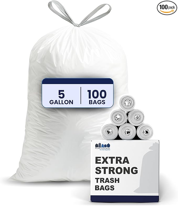 Plasticplace 5 Gallon Trash Bags - White Drawstring Garbage Bag Liners, 19" x 25" (100 Count) – Durable, Leak-Proof, Multi-Purpose Tall Kitchen, Bathroom, Office and Car TrashBags Plastic Bags 0.9 Mil