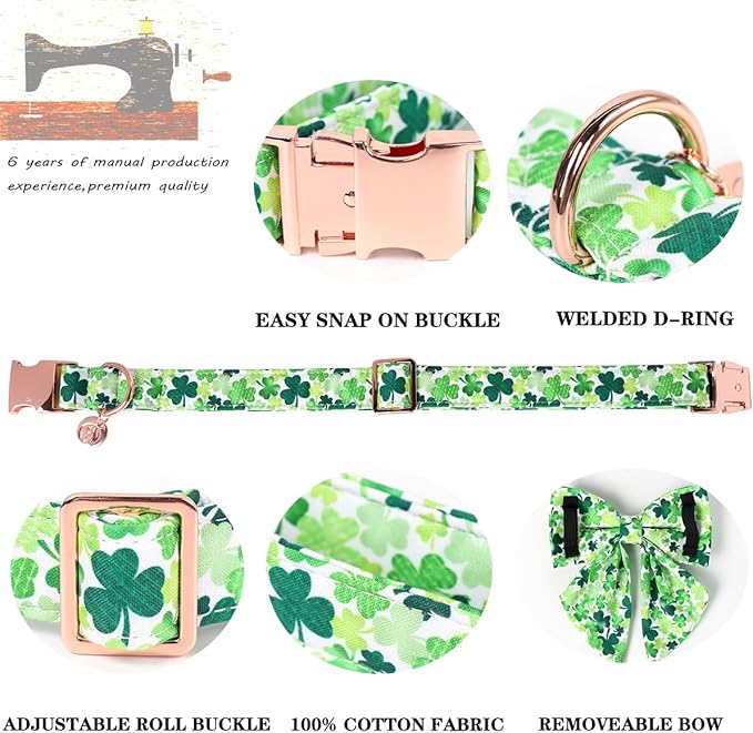 DOGWONG St. Patrick's Day Dog Collar-Cute Clovers Dog Collar with Bow, Cotton Trefoil Bowtie Dog Collars with Metal Buckle for Small Medium Large Dogs