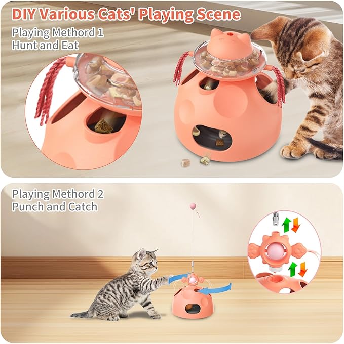 Interactive Cat Toy for Indoor Cats, 4-in-1 Modular Design with Cat Treats Puzzle Slow Feeder, Teaser Wand, Ball Maze & Spinning Ball | Kitten Enrichment Toys for Indoor