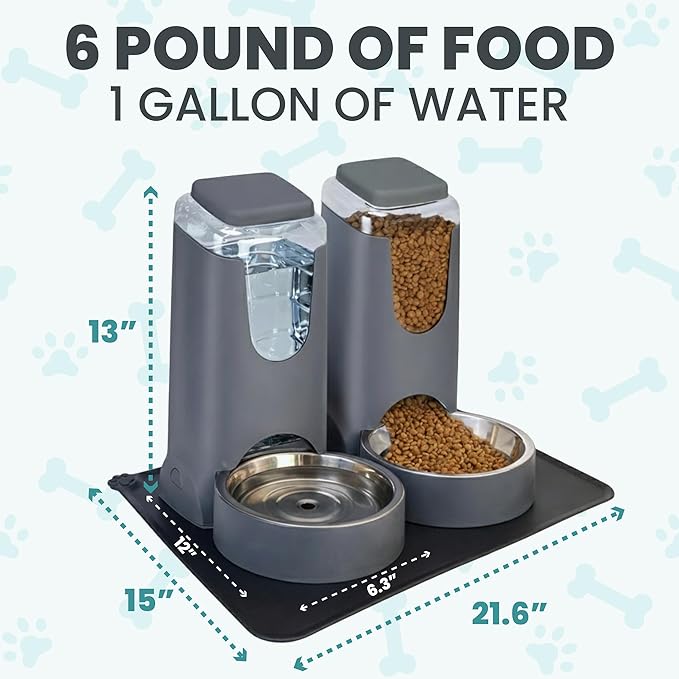 Automatic Cat Feeder 2.8L/4L Water Dispenser Set w/Tray Mat, Gravity Pet Feeder, Large Capacity Non-Spill Cat Water & Food Stainless Steel Bowls, Water Dispenser for Feeding Cats & Dog