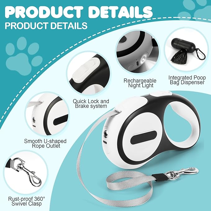 Double Retractable Dog Leash for 2 Small Dogs (Up to 66 Lbs Each), 2 Headed Pet Leash with Poop Bags and Rechargeable LED Light - Tangle-Free Swivel - One Button Break & Lock (Green, Medium)