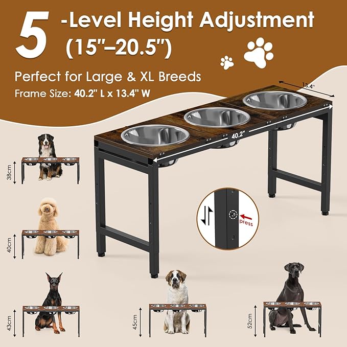 Elevated Dog Bowls Stand for Large Dogs - 3 Bowl Dog Feeder with Adjustable Height & Tilt, Stainless Steel Bowls & Wood Tray for Large Breeds, Triple Bowl Feeding Station, 3500ML*3 Capacity