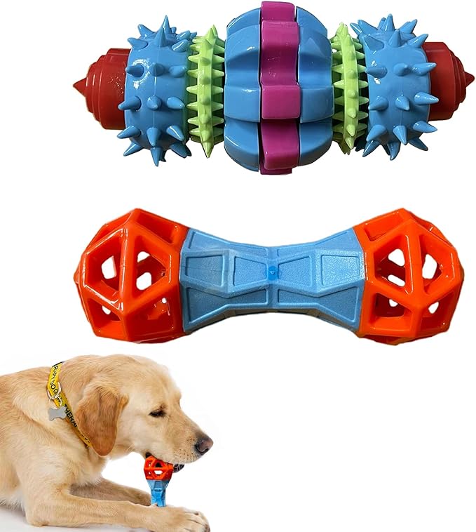 [2 Pack] Dog Puzzle Toys to Keep Them Busy, Spiky Rotating Dental Bone Treat Dispensing Squeaky Toys, Mental Stimulation Interactive Dog Enrichment