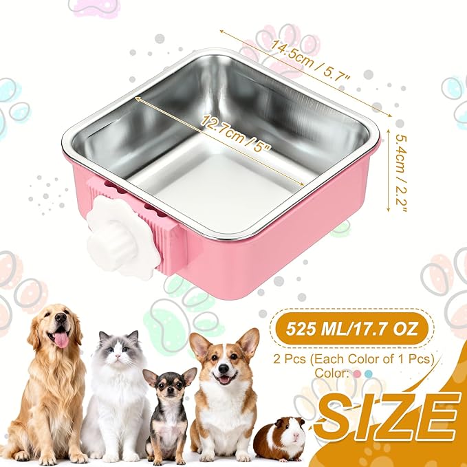 Crate Dog Bowl, Removable Stainless Steel Pet Cage Hanging Anti-Overturn Food Water Feeder Cage Cup (2Pcs, Square, Pink/Light Blue, 17.7oz), Intended for Puppies/Cat/Rabbit/Bird