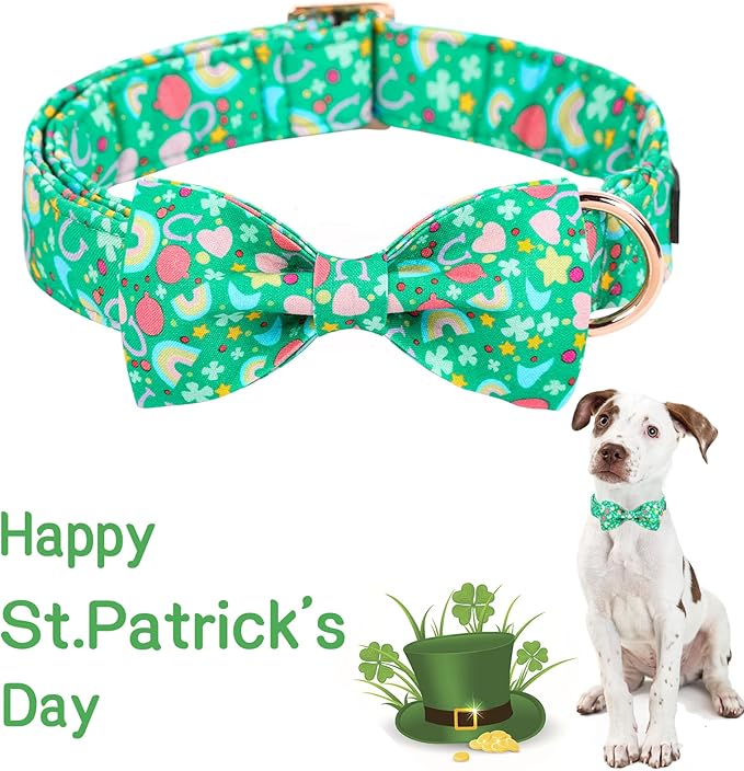 Unique style paws St. Patrick's Day Dog Collar with Bow Tie Rainbow Clover Heart Puppy Collar for Small Medium Large Boys Girls-XL