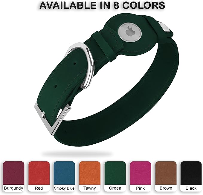 Leather Dog Collar with Airtag Holder - Apple Air Tag Dog Collars - Soft Tracking GPS Pet Collar for Small Medium Large Dogs Breed Puppy (Green, XL, 19"-24" Neck Fit)