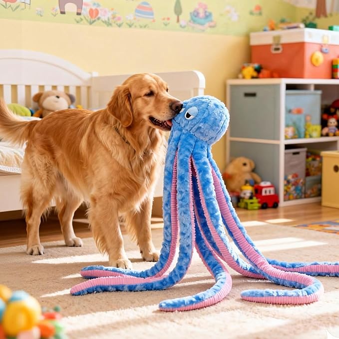 40 Inches Octopus Interactive Squeaky Dog Chew Toys, Dog Toys for Aggressive Chewers, Dog Supplies Birthday Gifts for Large Dogs(Blue), Large