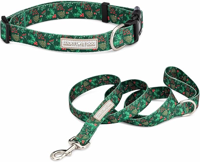 Lucky Love Dog - Easy Click Holly Dog Collar with Leash Set Combo, Durable & Comfortable for Male & Female Dogs, Pet Collar for Medium Dogs, Secure Fit - Holly Combo, Medium