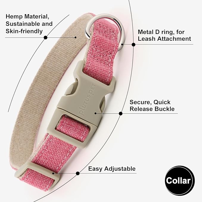 Plutus Pet Cotton Hemp Dog Collar and Leash Set, Adjustable Collar for Small, Medium, and Large Dogs, Heavy Duty and Soft on Skin, Hot Pink, M