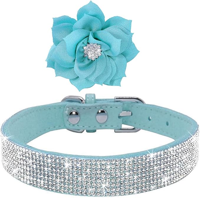 Cute Dazzling Sparkling Elegant Fancy Soft Suede Leather Bling Rhinestone Crystal Jeweled Pet Cat Dog Puppy Collar Dog Leash Combo Set (S(Neck 10-12.5"), Blue-6)