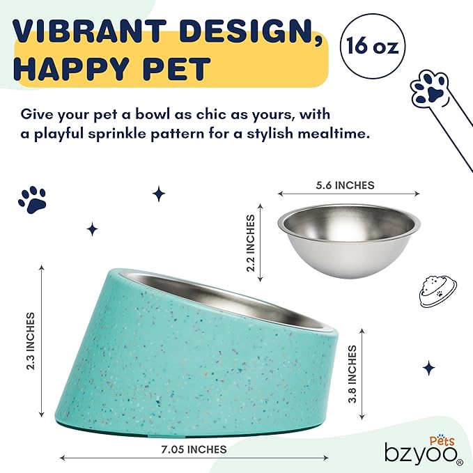 bzyoo 16oz Tilted Dog Bowl for Small Dogs & Cats, 15° Elevated Stainless Steel Pet Feeder, Ergonomic Anti-Vomiting Food Bowl for Frenchie, Pug, Persian Cat, Non-Skid Melamine Stand, Sprinkle (Green)