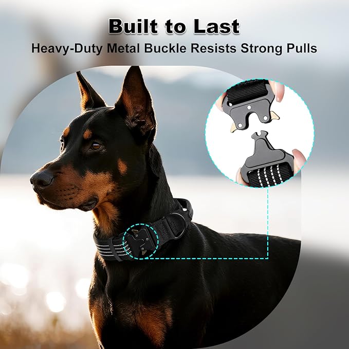 Plutus Pet Tactical Dog Collar with Tracker Pocket for AirTag, Adjustable Reflective Nylon Collar, Metal Buckle, Leather-Wrapped Handle, Soft Padded for Medium Large Dogs (Black, L)