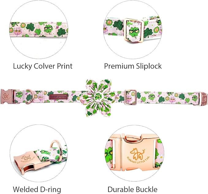 Elegant little tail St Patrick's Dog Collar with Flower Pink Cute Colver Cotton Shamrock Pet Collar Trefoil Puppy Collar Flower Holiday Adjustable Cotton Pet Collar for Small Medium Large Dogs