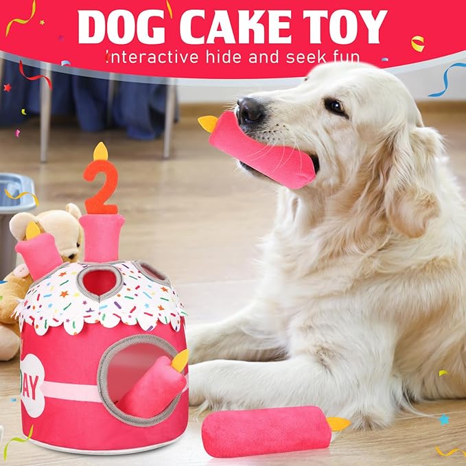 Dog 2nd Birthday Cake Toy Squeaky Interactive Dog Toy Hide and Seek Plush Dogs Puzzle Puppy Toys for Boredom Keep Them Busy for Small Medium Dogs(Pink)