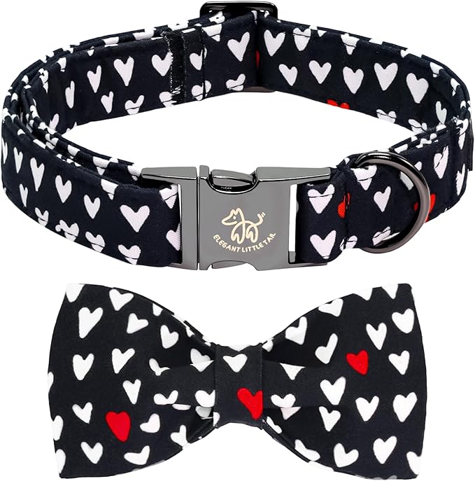 Elegant little tail Valentine's Dog Collar - Black Heart Dog Collars Bowtie Pet Collars with Sturdy Metal Buckle Puppy Adjustable Collar for Large Dogs