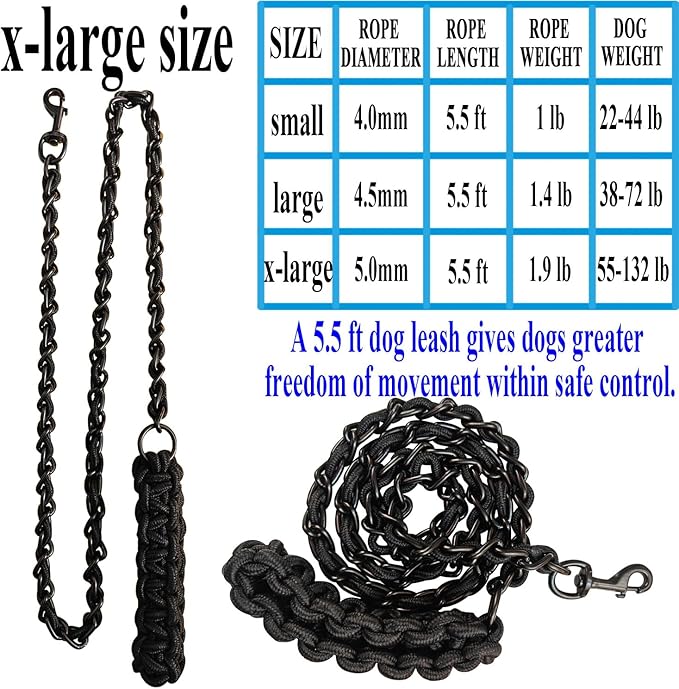 Dog Leash Leads Chain Rope Metal with Pet Collar Training Walking Heavy Duty Anti Bite 360 Hook for Medium and Large Dogs Black (X-Large)
