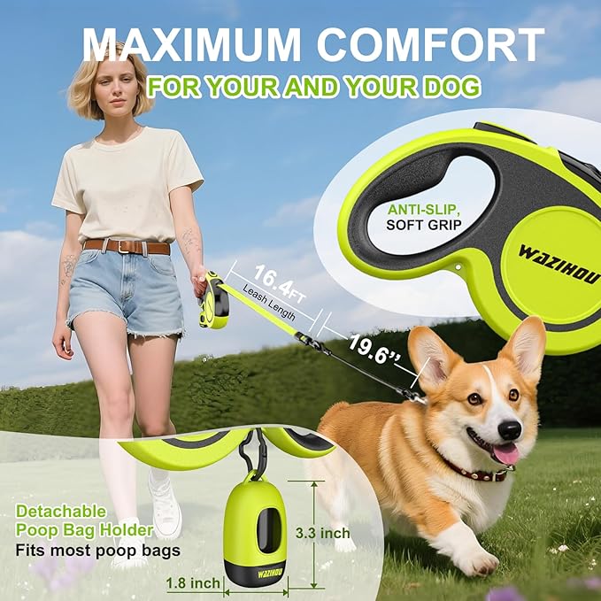 Upgraded Retractable Dog Leash 16.4ft' - Heavy Duty Reflective Retractable Leash with Anti-Slip Soft Grip - Detachable Poop Bag and Chew Proof Cable Included Small Medium Large Dogs up to 66 lbs