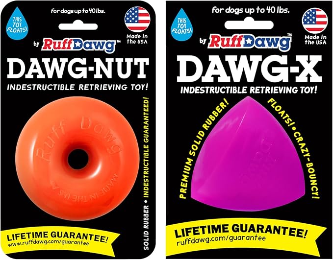 Ruff Dawg Dawg-Nut & Dawg-X Bundle - Durable Rubber Dog Toys for Chewers - Made in The USA - Floats in Water - Assorted Neon Colors for Visibility